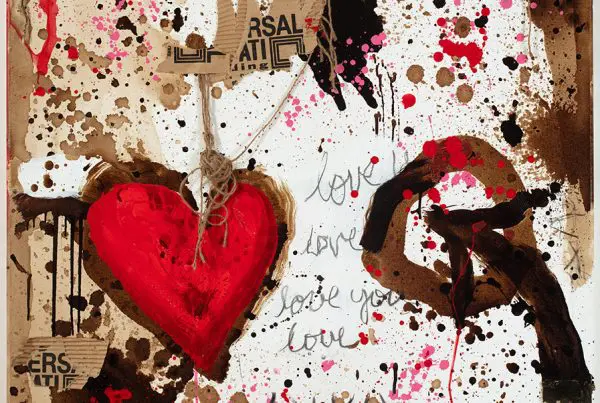 Red heart painting with black and pink paint splatters.