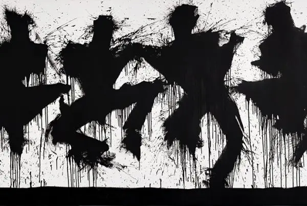 Five dancing figures in black with white background.