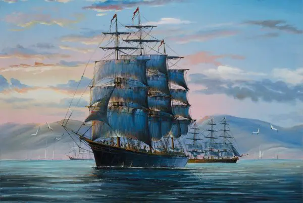 A painting of tall ships at sea with seagulls flying.