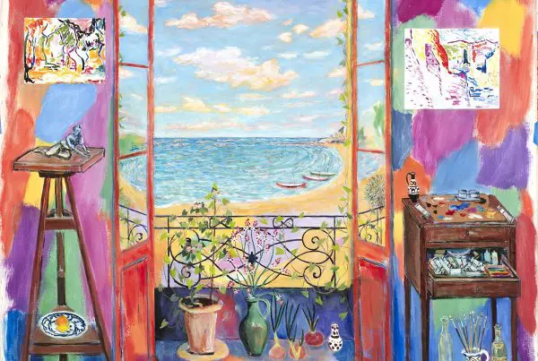 Colorful painting of a room with a view of the sea.