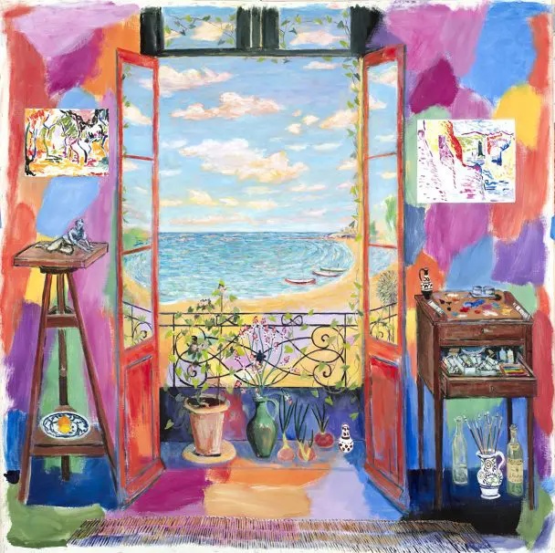 Colorful painting of a room with a view of the sea.
