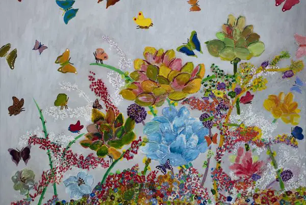 Painting of colorful flowers and butterflies.