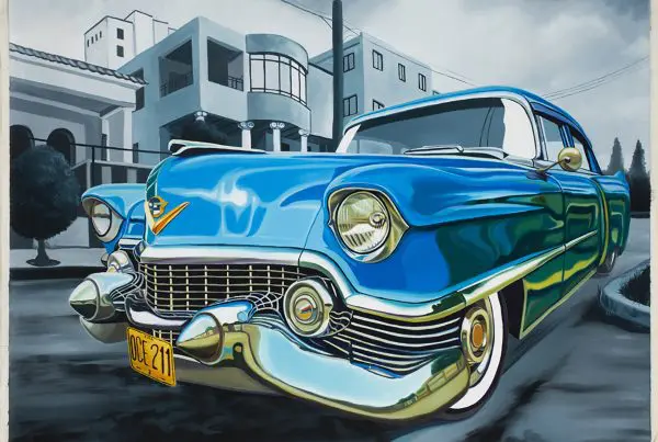 A blue 1950s Cadillac parked in front of a building.