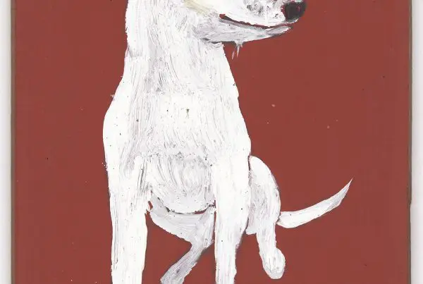 A painting of a white dog with black ears and a black nose.