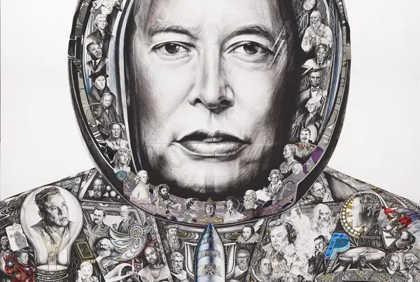 Portrait of Elon Musk made up of many small portraits.