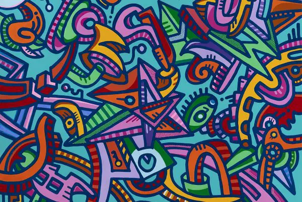 Colorful abstract painting with geometric shapes.