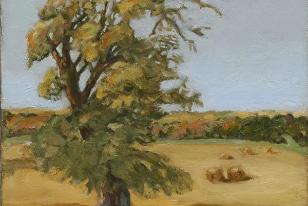 An oil painting of an autumn tree and hay bales.