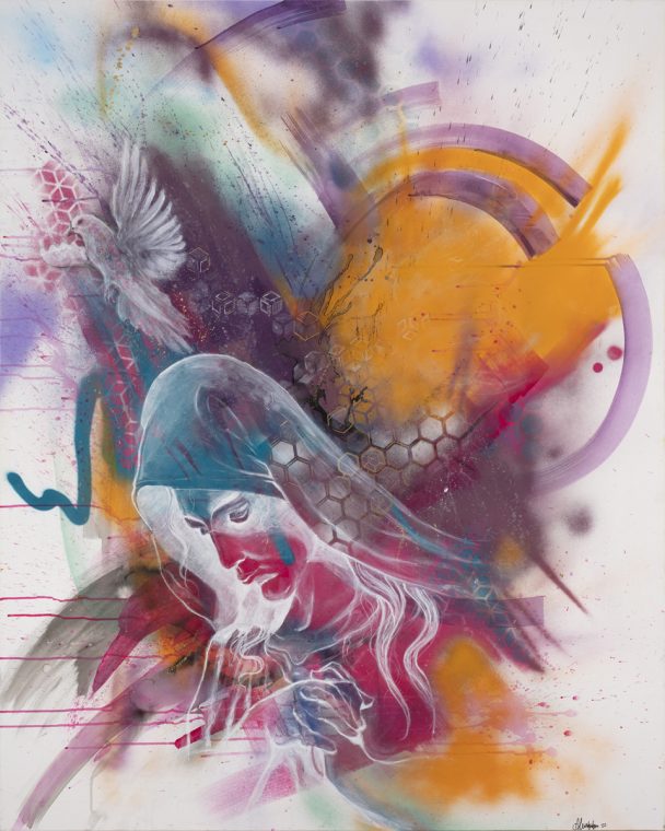 Colorful abstract painting of a praying woman.