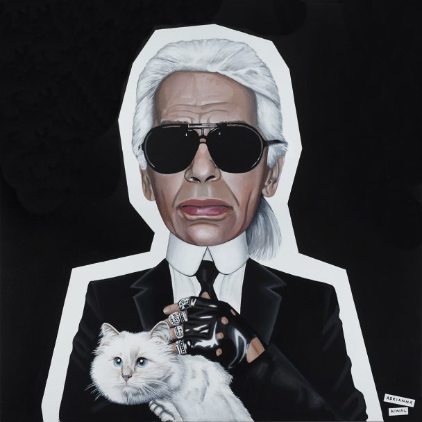 Painting of Karl Lagerfeld with a cat.