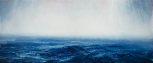 Painting of rough sea under foggy sky.