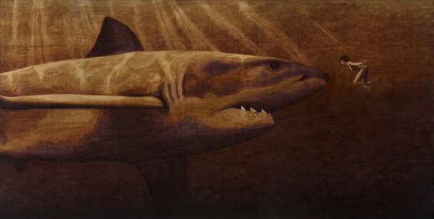 Painting of a shark and a swimmer in sepia tones.