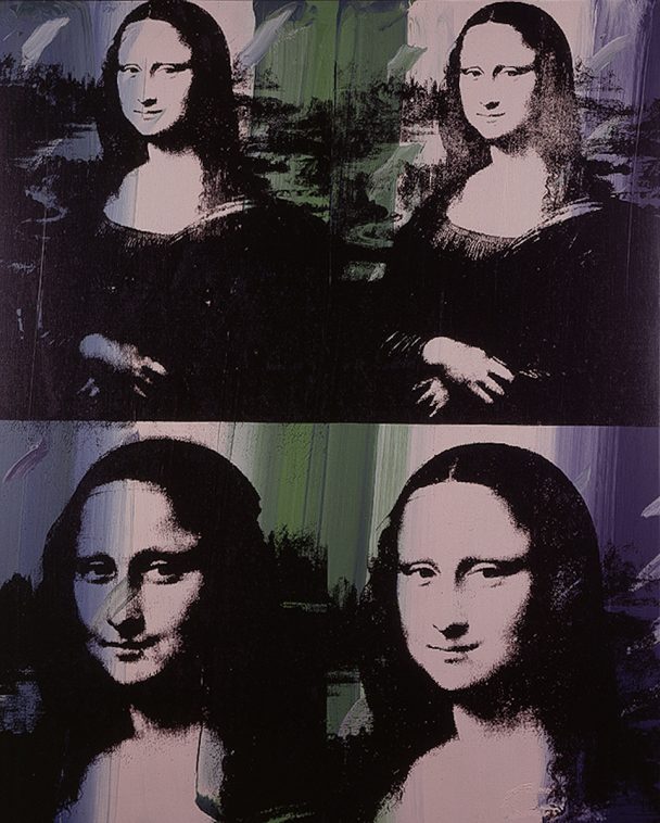 Four Mona Lisas with different color backgrounds.