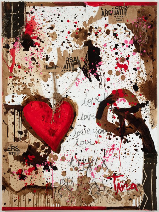 Red heart painting with black and pink paint splatters.