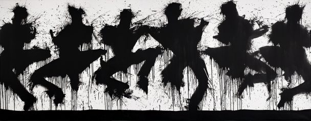 Five dancing figures in black with white background.