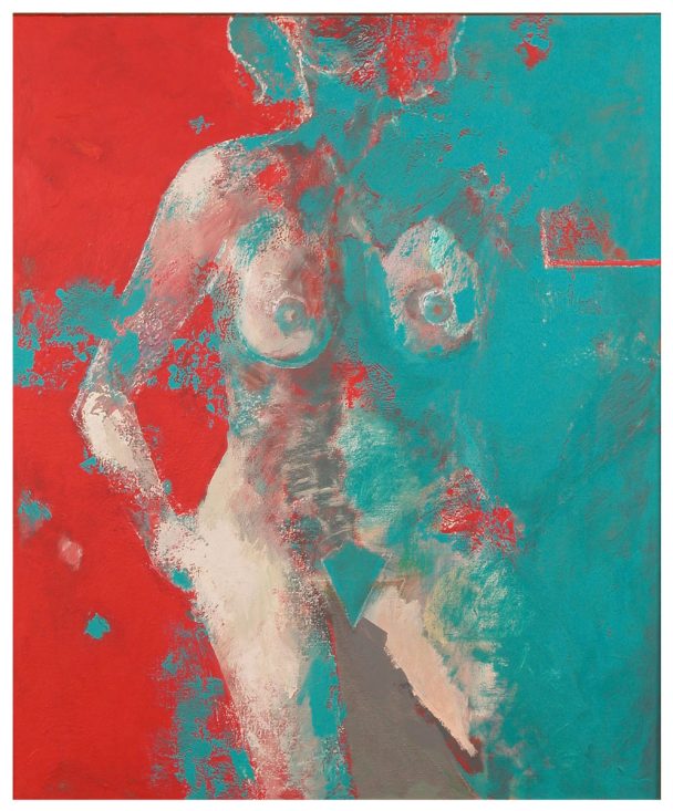 An abstract painting of a nude woman in red and blue.