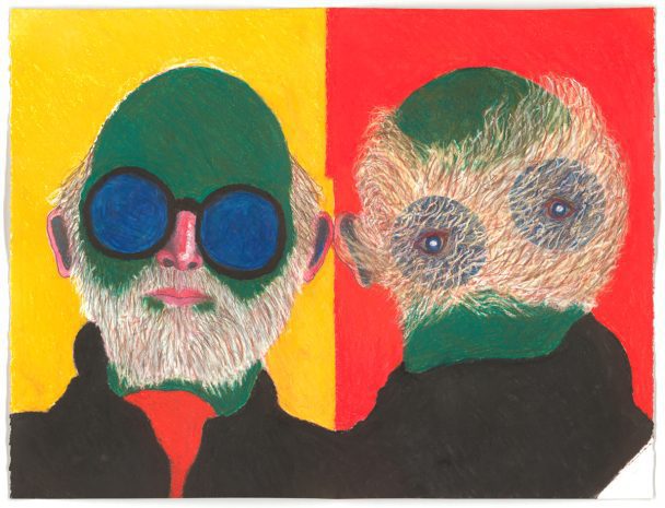 A painting of two men with green faces.