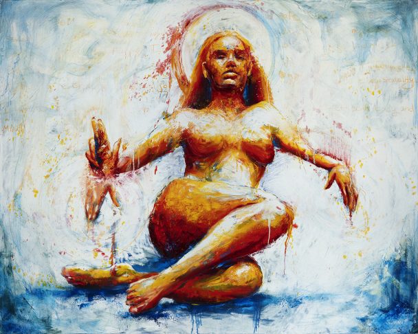 Painting of a golden woman sitting cross-legged.