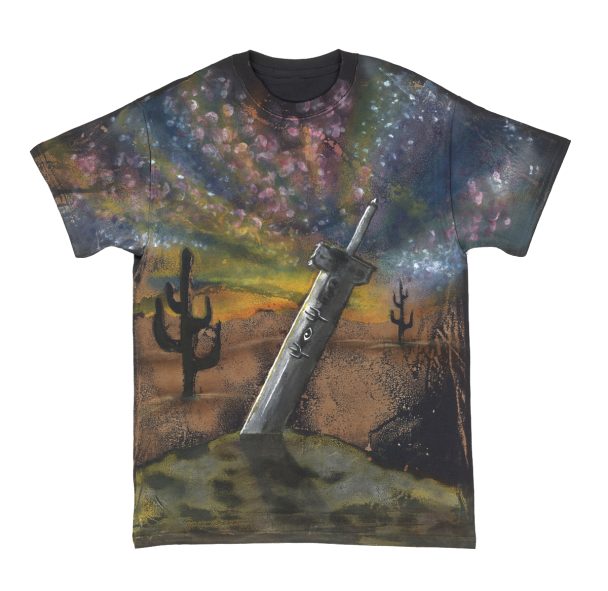 A black t-shirt with a painting of a sword in the desert.