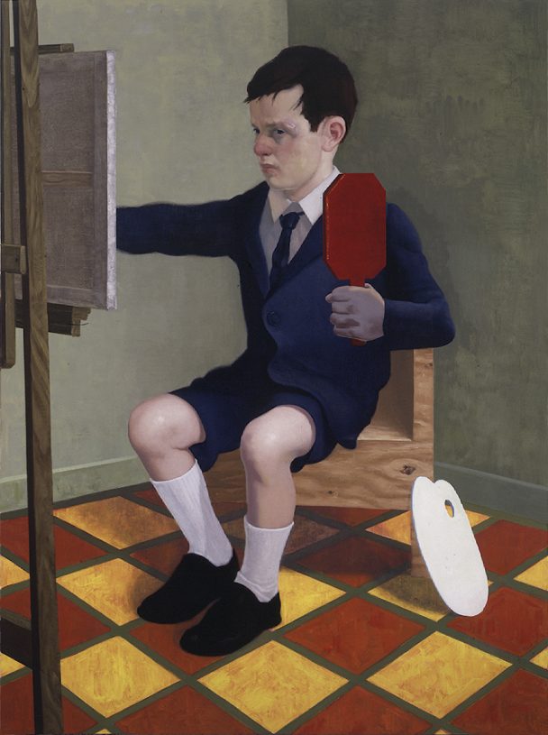 Boy in suit holding a palette in front of an easel.