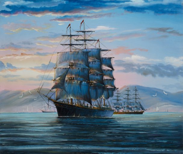 A painting of tall ships at sea with seagulls flying.