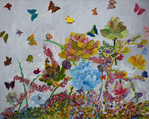 Painting of colorful flowers and butterflies.