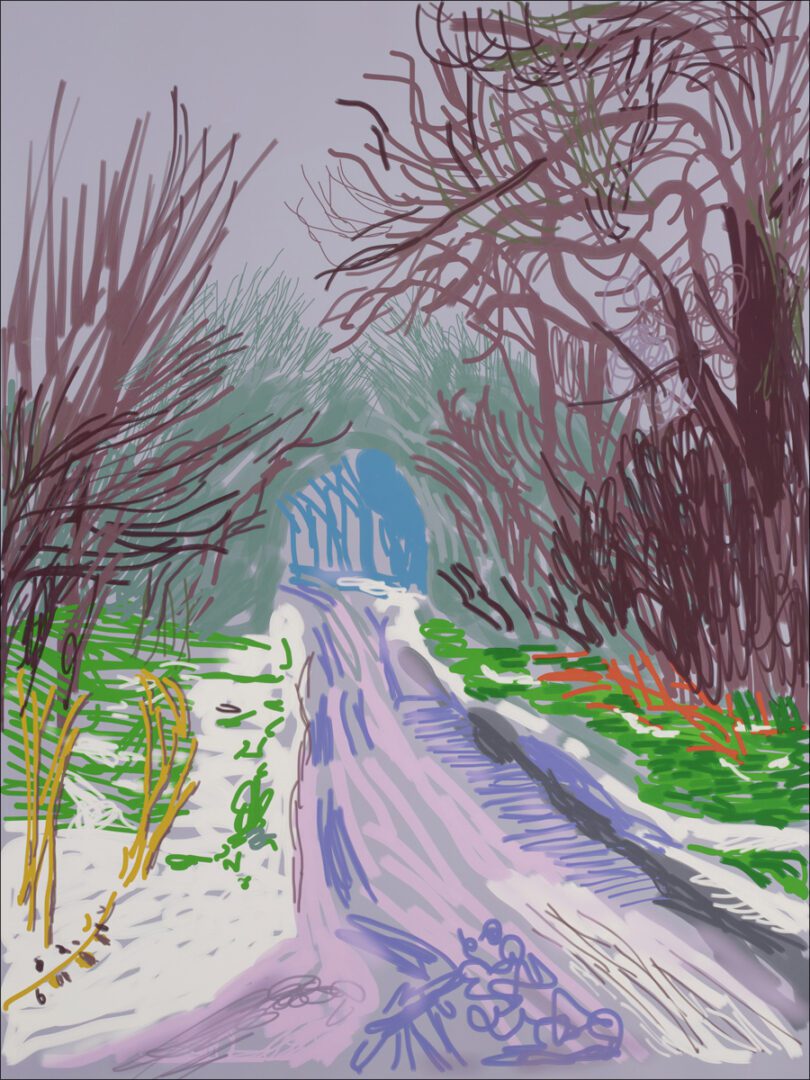 A digital painting of a snowy path in a forest.