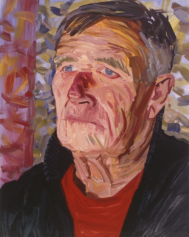 An oil painting of an elderly man with a red shirt.