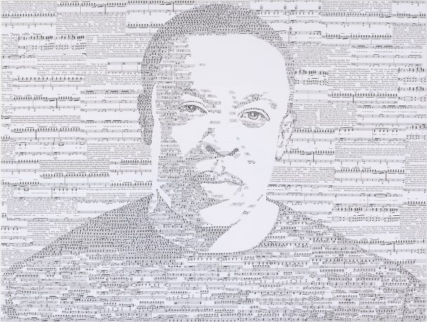 Portrait of Nina Simone made of musical notes.