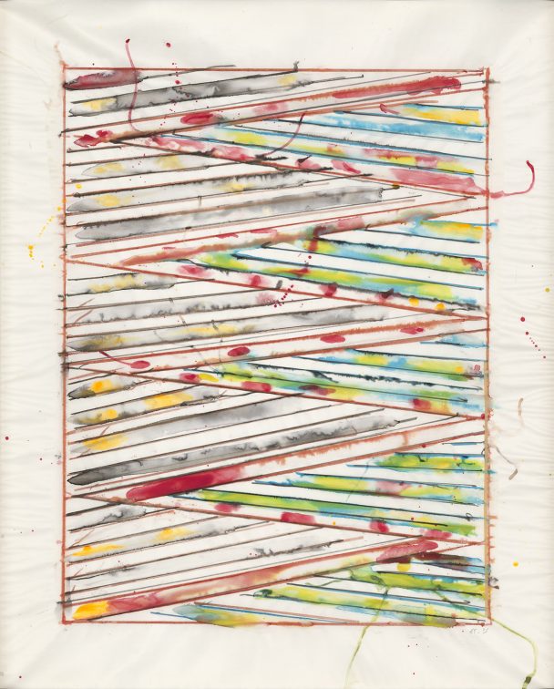 Abstract painting with diagonal colored lines.