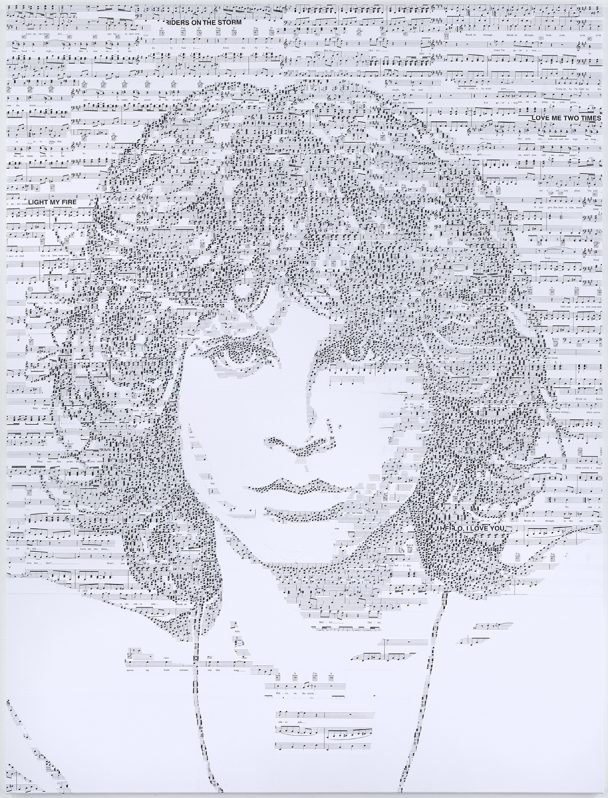 Portrait of Jim Morrison made of musical notes.