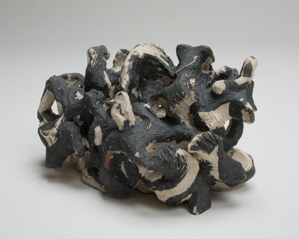 Black and white abstract ceramic sculpture.