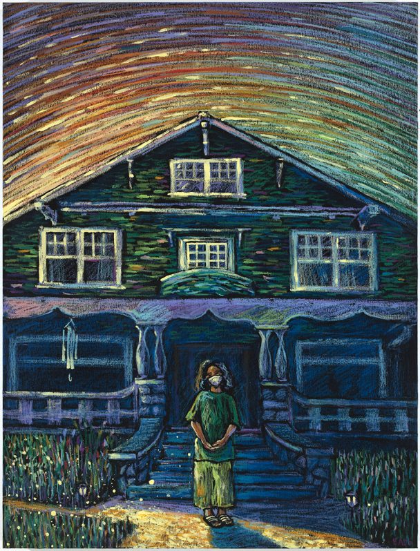 Woman in a mask standing in front of a house.