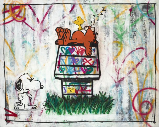 Snoopy looking at Garfield sleeping on his doghouse.