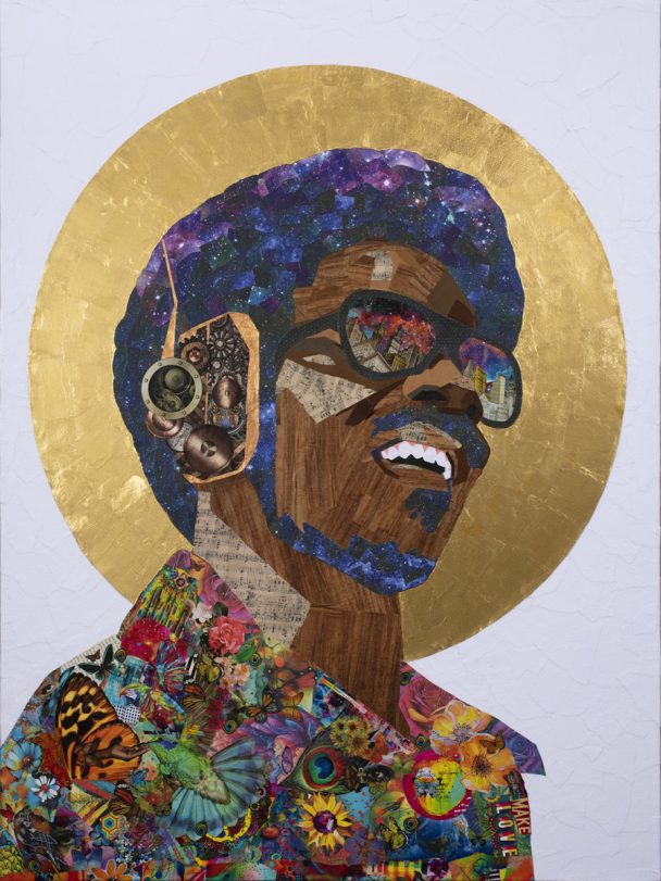 Portrait of a man with an afro and sunglasses.