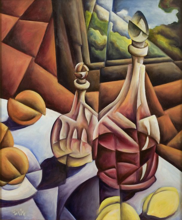 Cubism painting of a table with fruit and two decanters.