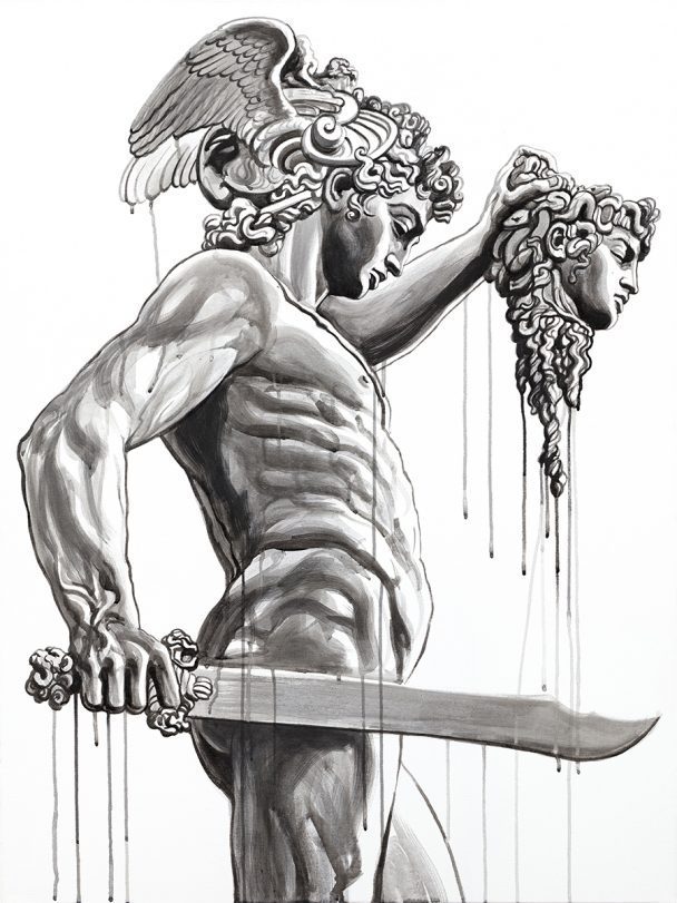 Perseus holding Medusa's head.