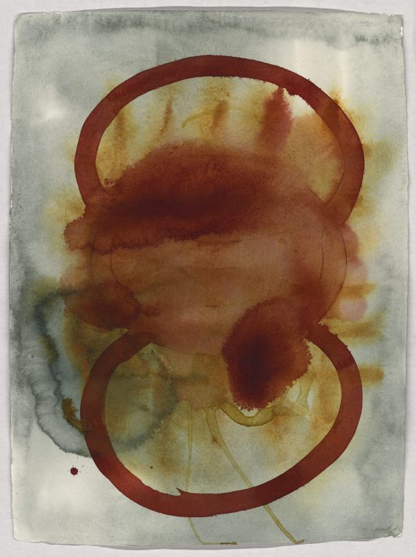 Red and brown watercolor painting with circular shapes.