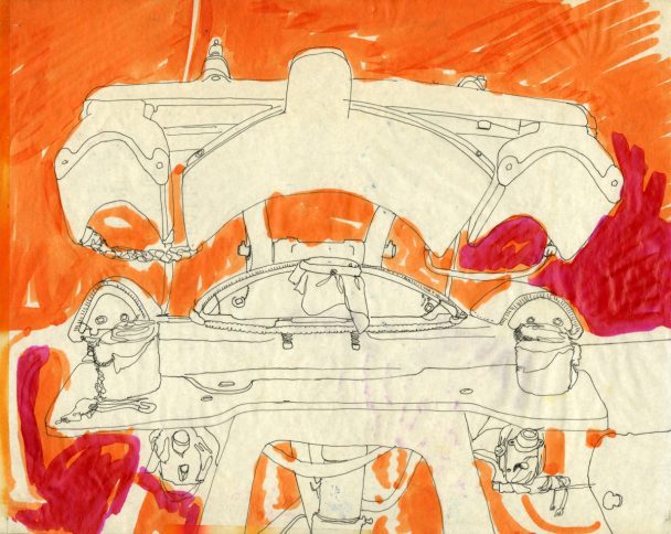 Orange ink drawing of an old fashioned sewing machine.