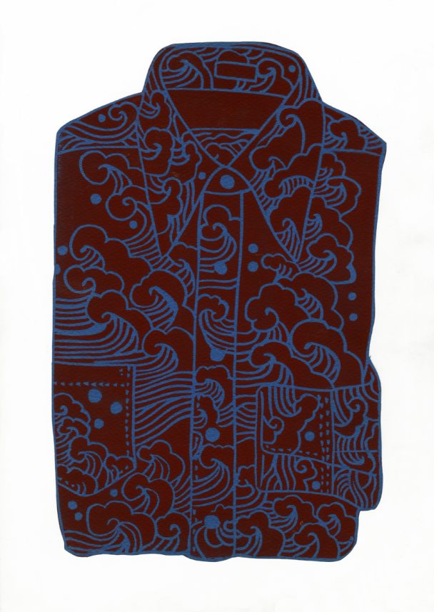 Blue and brown shirt pattern with wave motif.