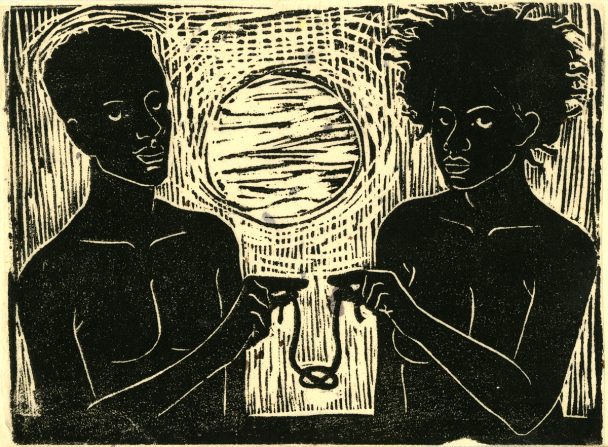 Two Black figures holding an hourglass in front of a sun.