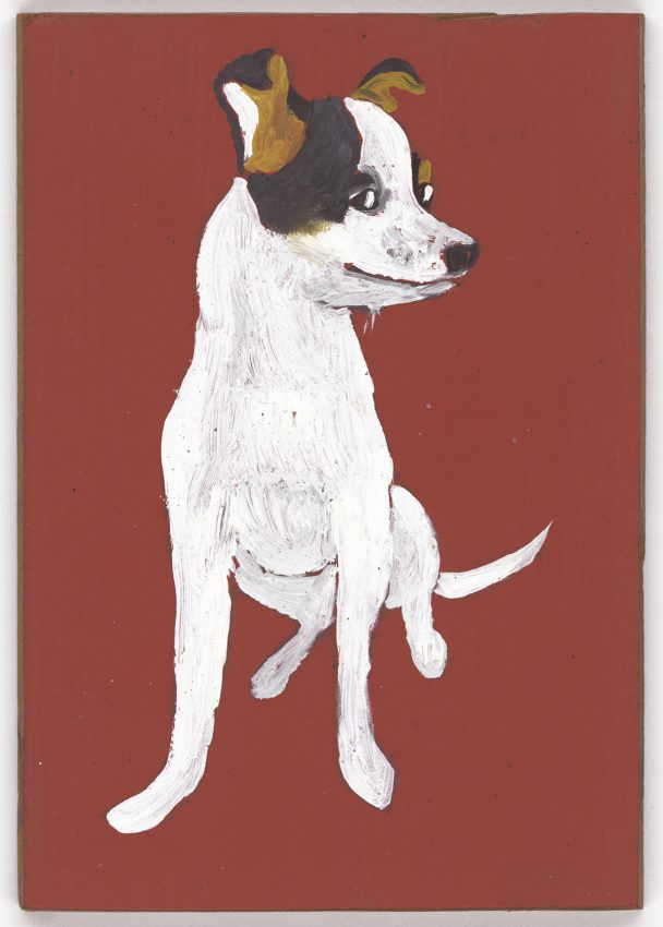 A painting of a white dog with black ears and a black nose.