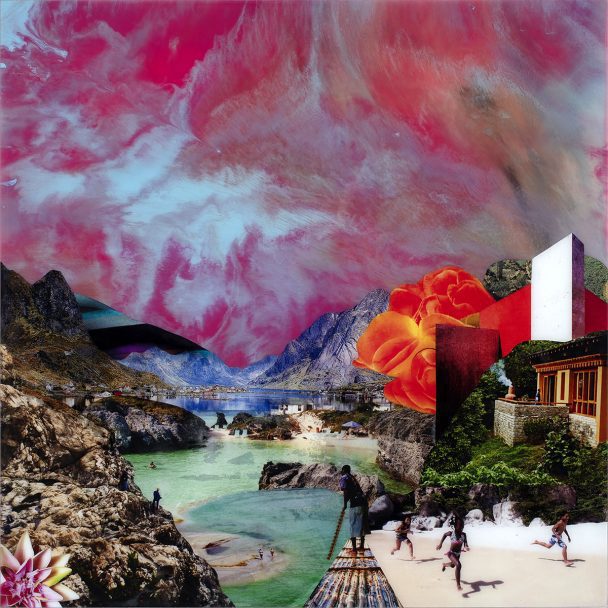 Collage of beach, mountains, and pink clouds.