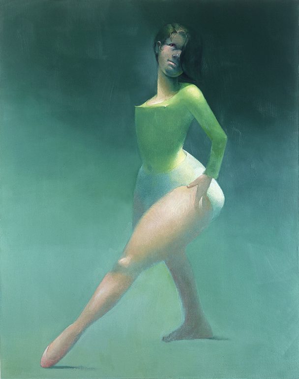 Painting of a woman in a green leotard.