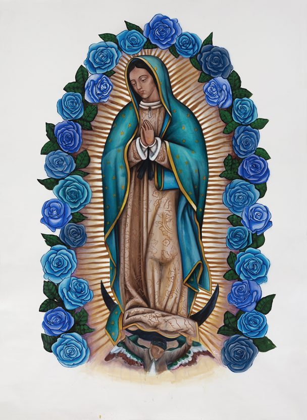 Painting of the Virgin Mary with blue roses.