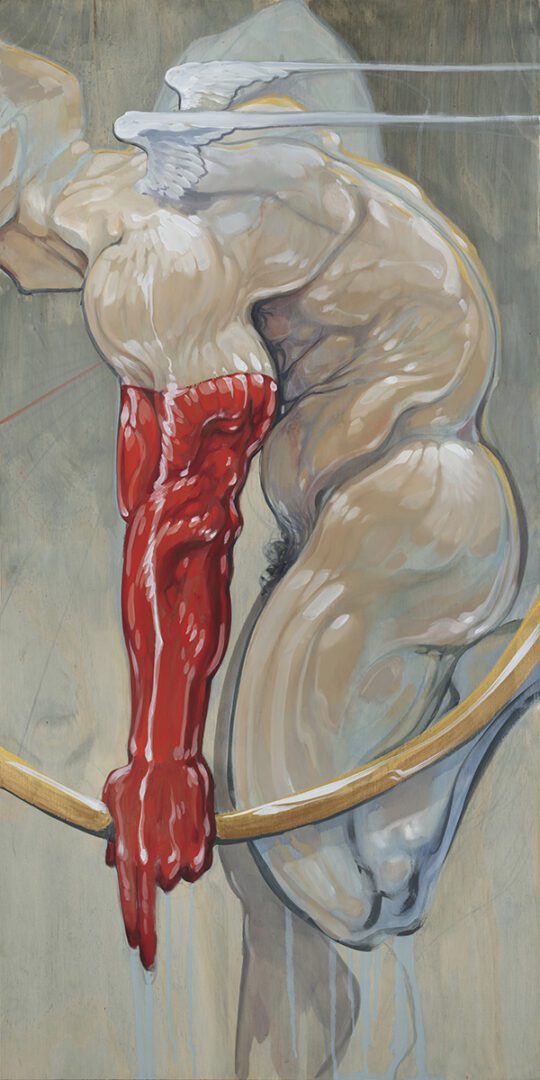 A painting of a muscular man with red arm.