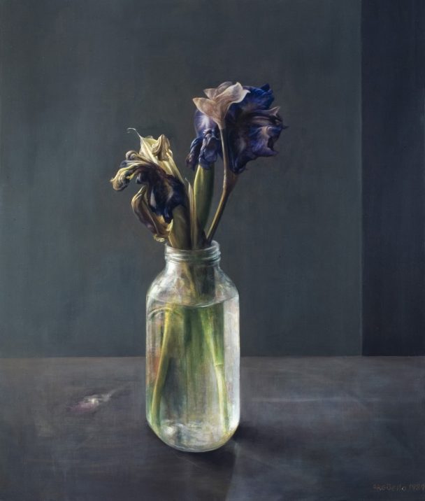 A painting of withered irises in a glass jar.