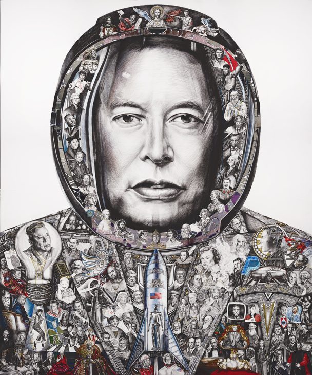 Portrait of Elon Musk made up of many small portraits.