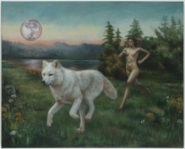 A woman and a wolf run through a moonlit field.