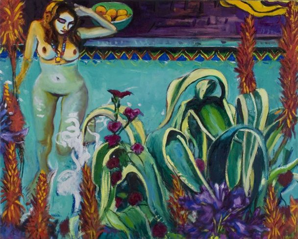 Nude woman in a pool with flowers and plants.