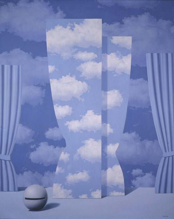 Blue curtains and a surreal sky.